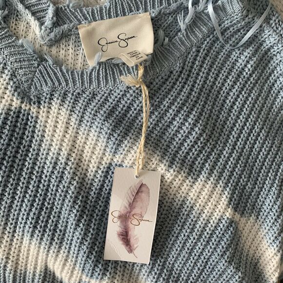 Jessica Simpson Frayed Cropped V Neck Sweater Knit Size Small Blue White Boho - Picture 6 of 9